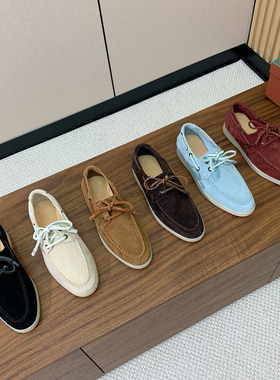 纯原意大利麂皮一脚蹬LP乐福鞋女平底系带豆豆鞋懒人男士鞋踩si感