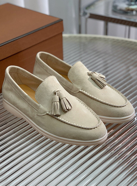 LP一脚蹬乐福鞋女意大利纯原平底麂皮流苏休闲懒人豆豆鞋男老钱风