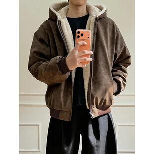 美式复古PU皮座山雕棉服男款冬季加绒加厚保暖外套兔毛连帽毛衣