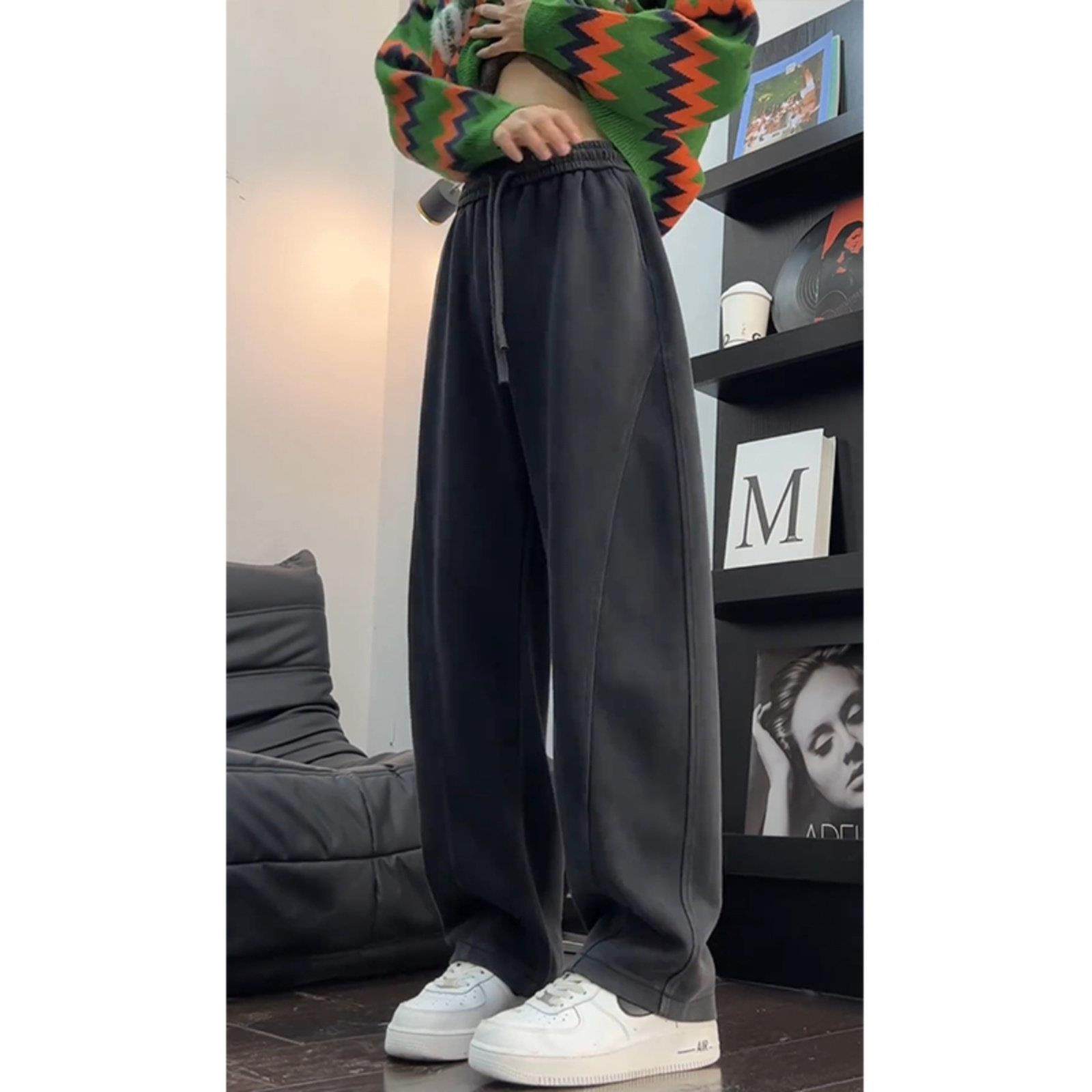 复古美式秋冬重磅男款休闲运动长裤加绒裤子弯刀直筒灰色垂感卫裤