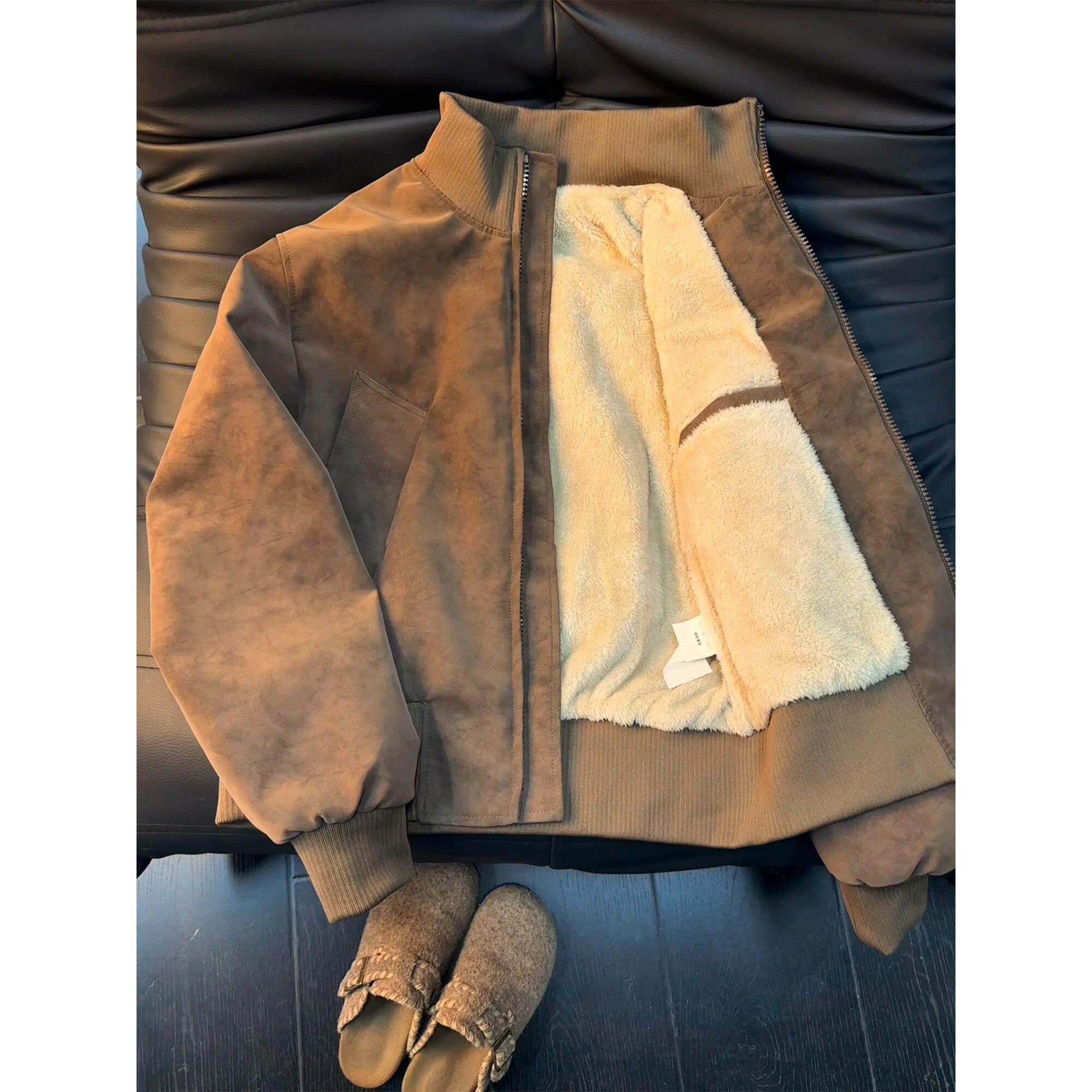 美式复古扎染立领棉服男款冬季加绒加厚廓形棉衣短款机车夹克外套