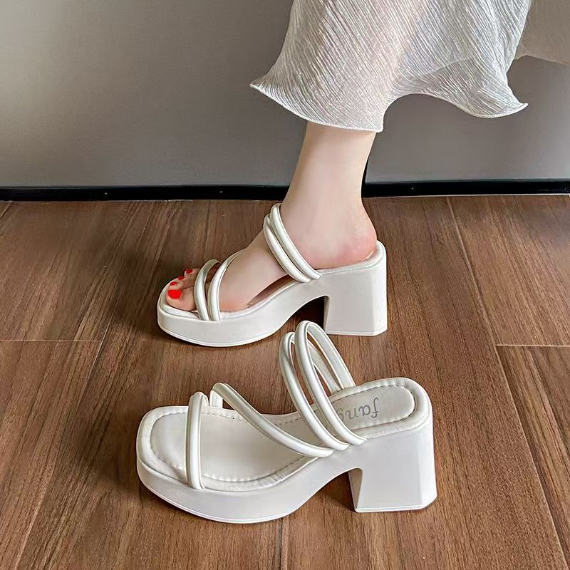 高跟拖鞋女2025新款夏外穿厚底粗跟绝美法式高级感黑色小个子凉鞋