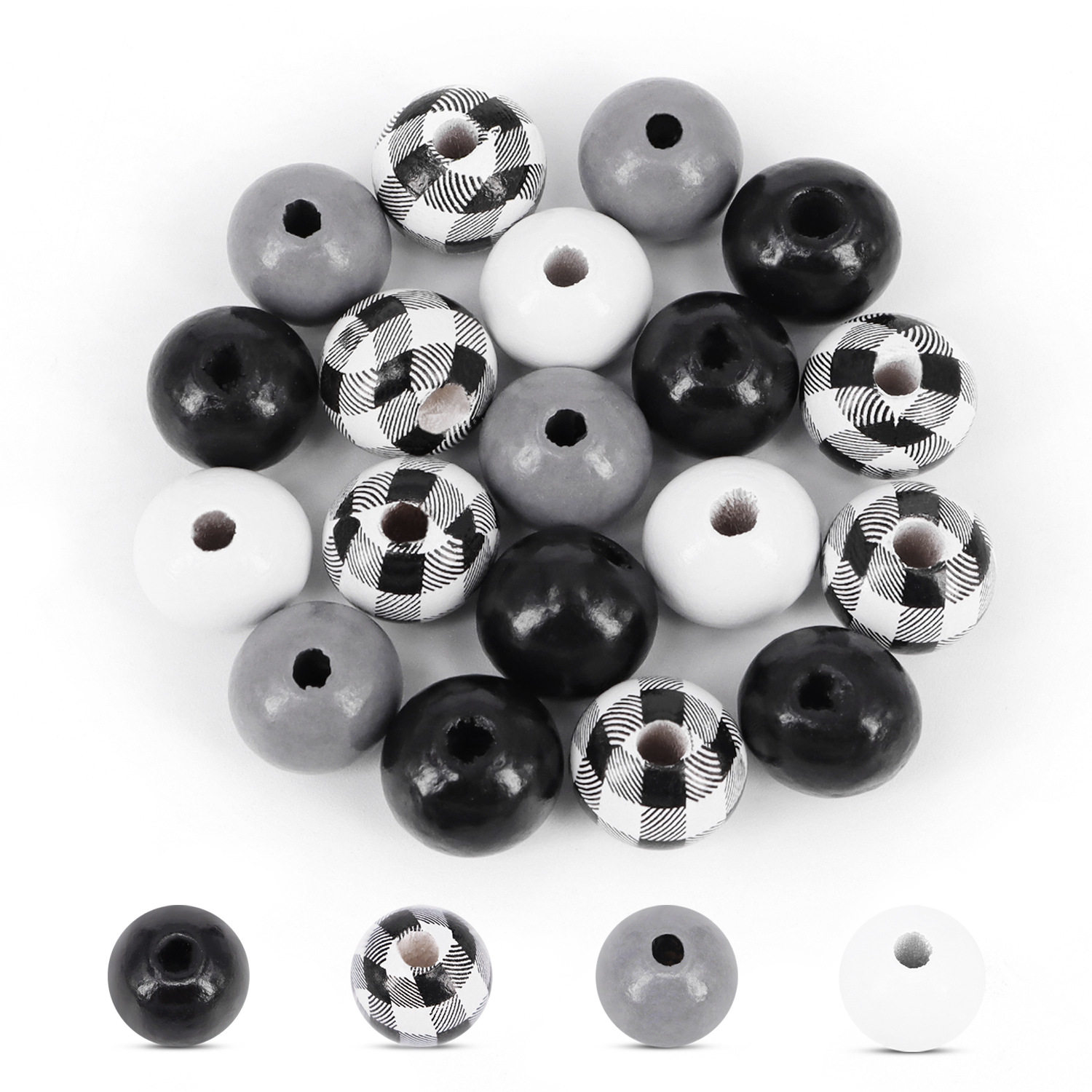 20个纯色木珠简约风黑白格子暗色系木质珠子diy饰品配件串珠材料