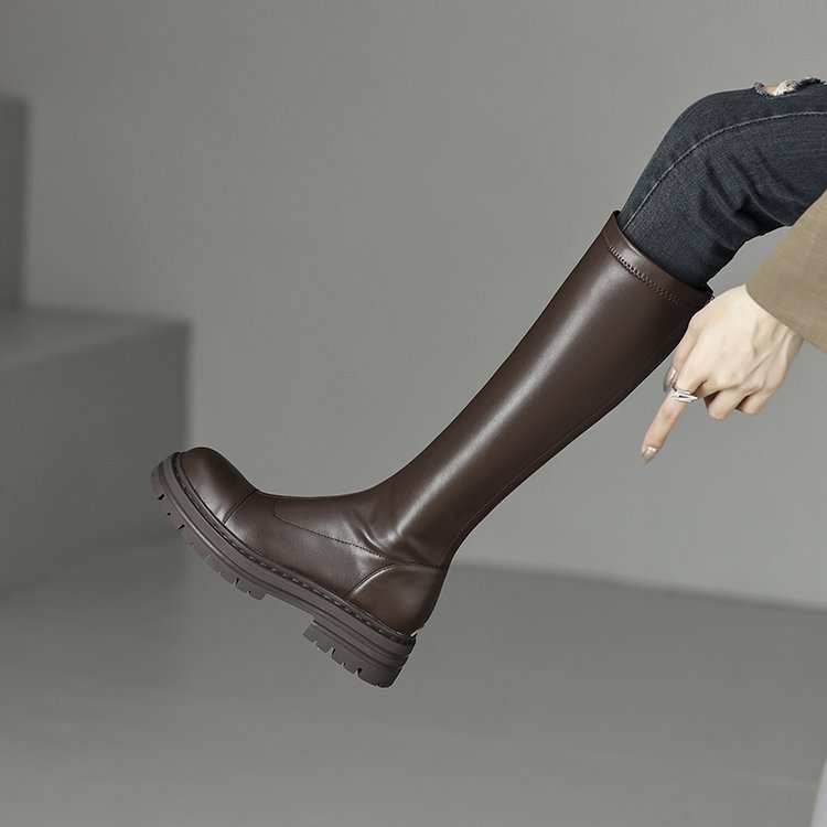 棕色长筒靴女冬加绒2023年新款小个子厚底高筒显瘦骑士靴子不过膝