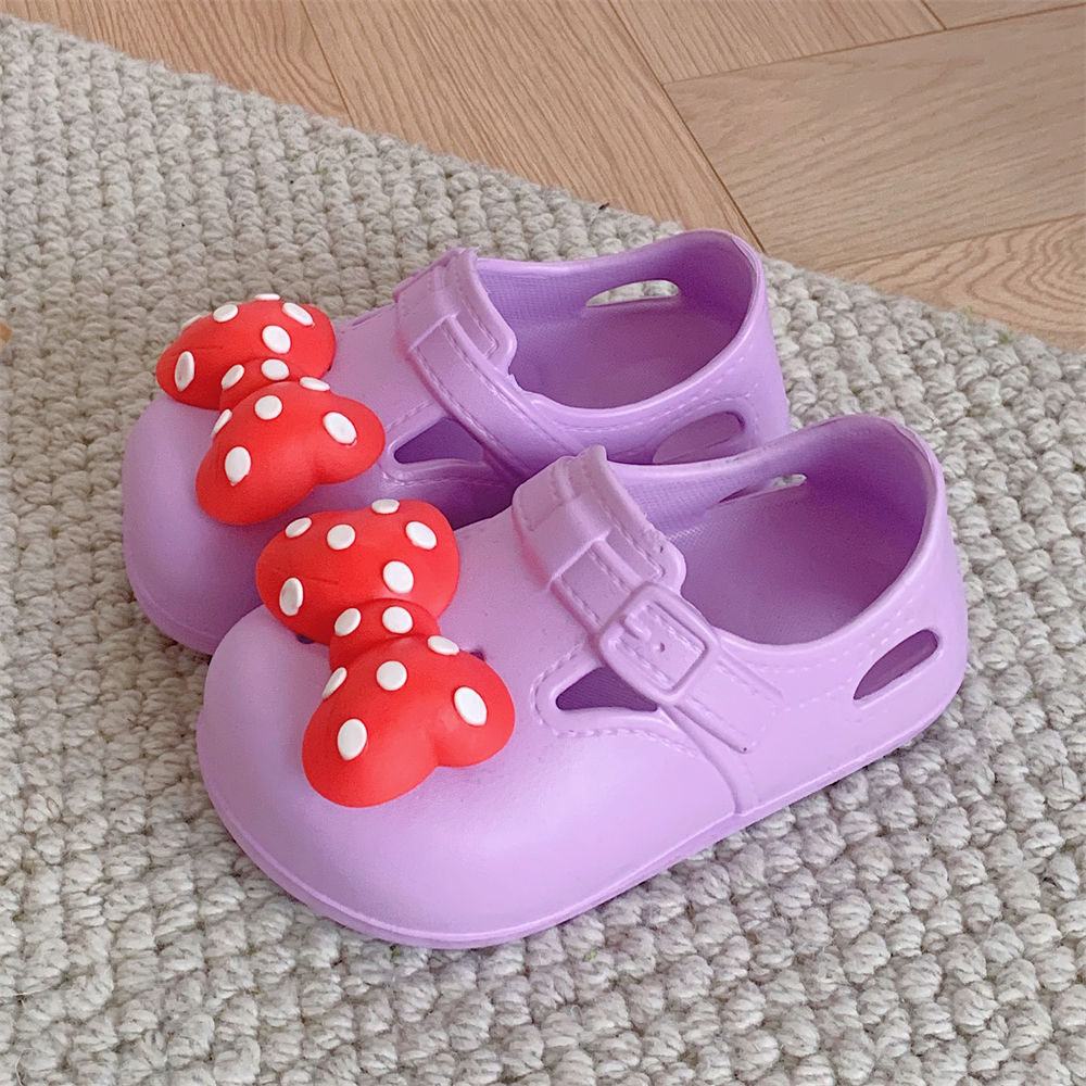 细细条 夏季户外防滑女童沙滩凉鞋甜美波点蝴蝶结宝宝包头洞洞鞋