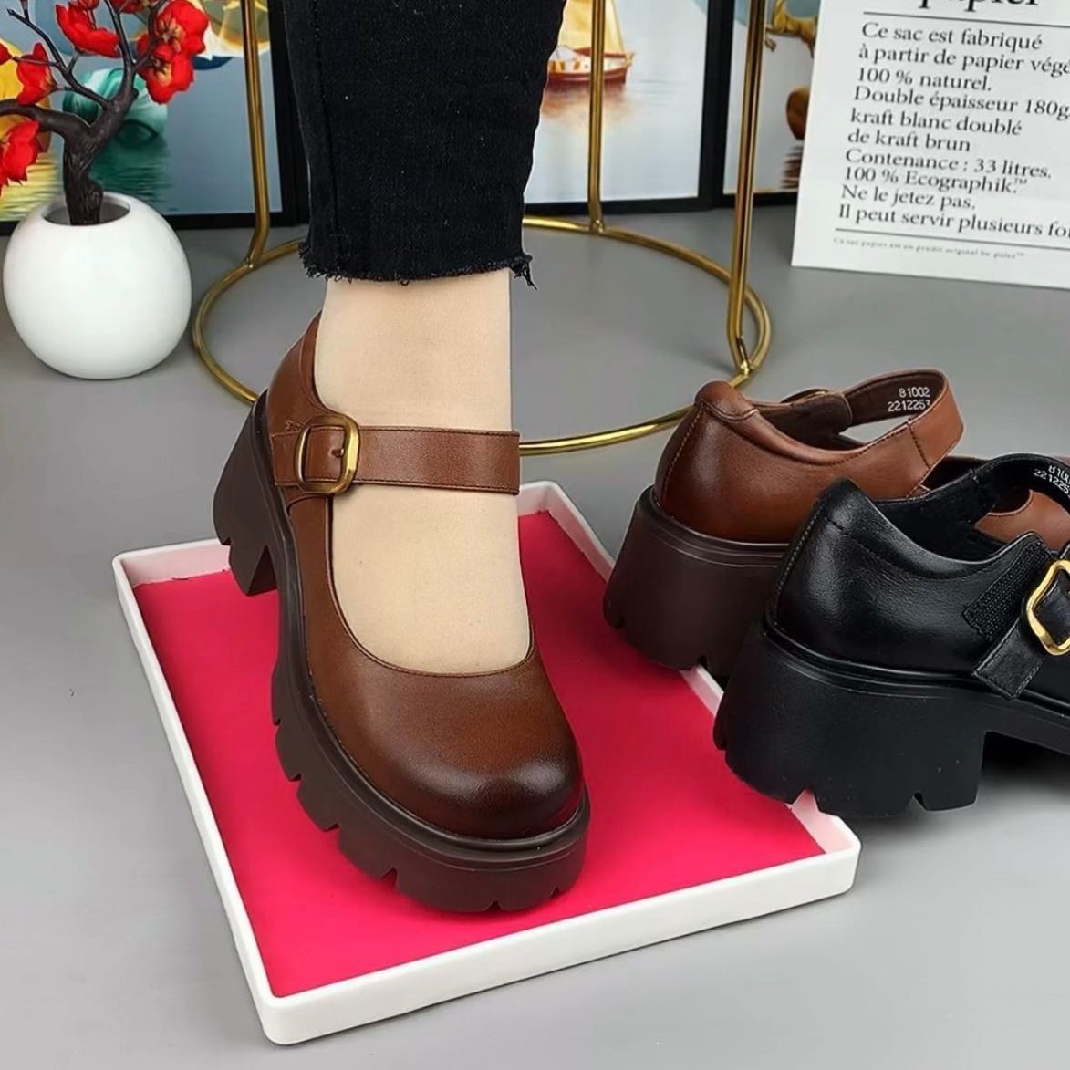 品牌鞋真皮单鞋女2025春季新款松糕厚底小皮鞋女一字带粗跟妈妈鞋