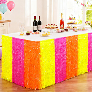 荧光马卡龙拼色弯刀雨丝帘桌裙霓虹GLOW主题派对装 饰流苏波浪桌帘