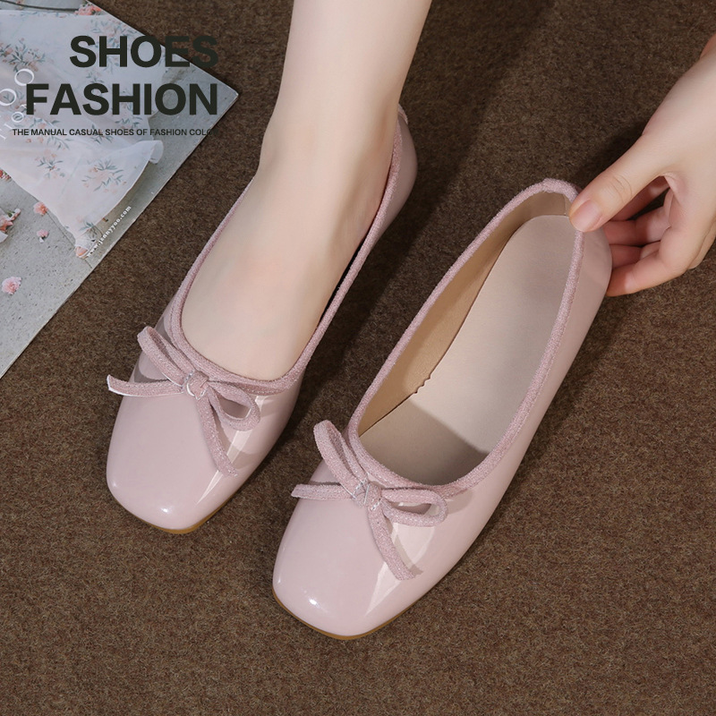 2025秋季新款平底浅口单鞋女粉色蝴蝶结一脚蹬晚晚风外穿玛丽珍鞋