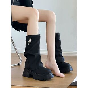 小个子加绒厚底增高短筒靴女2024新款百搭堆堆裤管靴白色中筒靴子