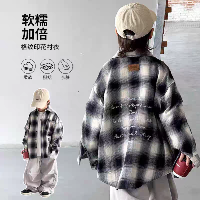 男童春秋衬衫儿童帅气格子衬衫潮