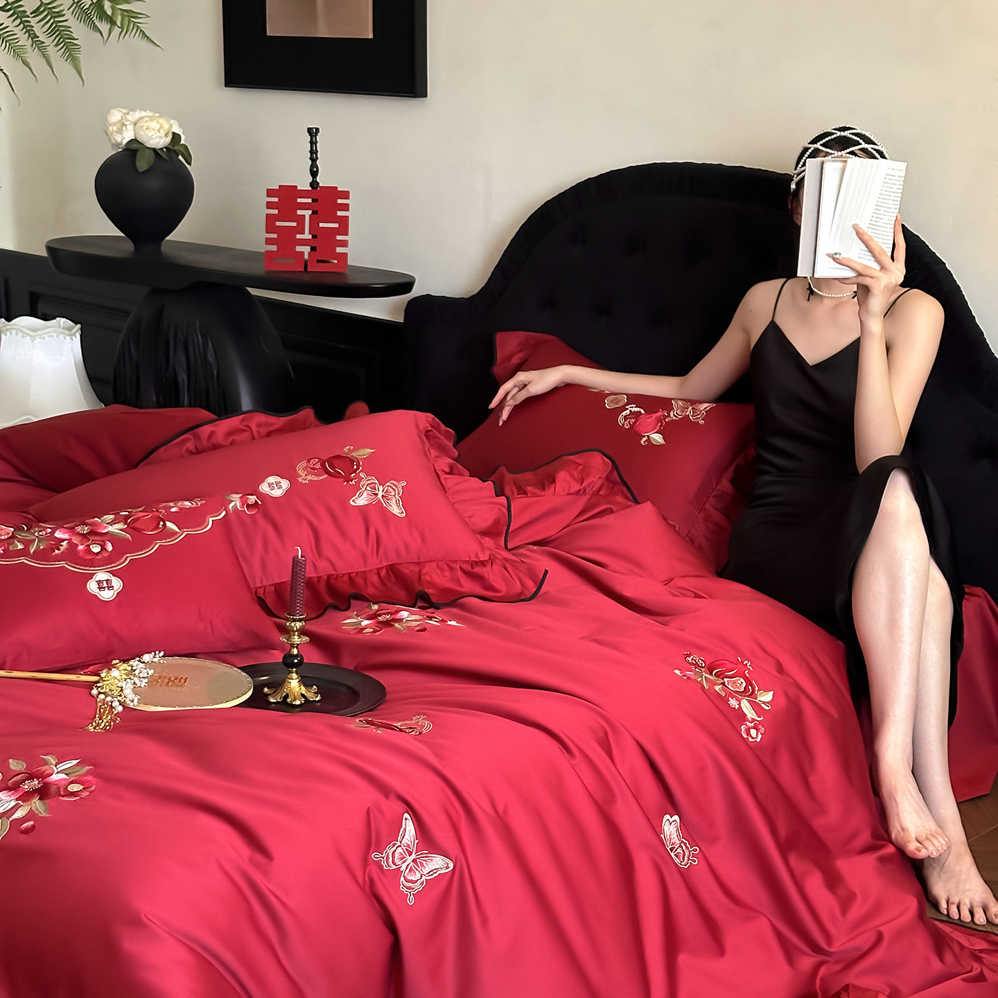 简约高支长绒棉新婚庆床上四件套全棉结婚红色被套喜被罩纯棉床单