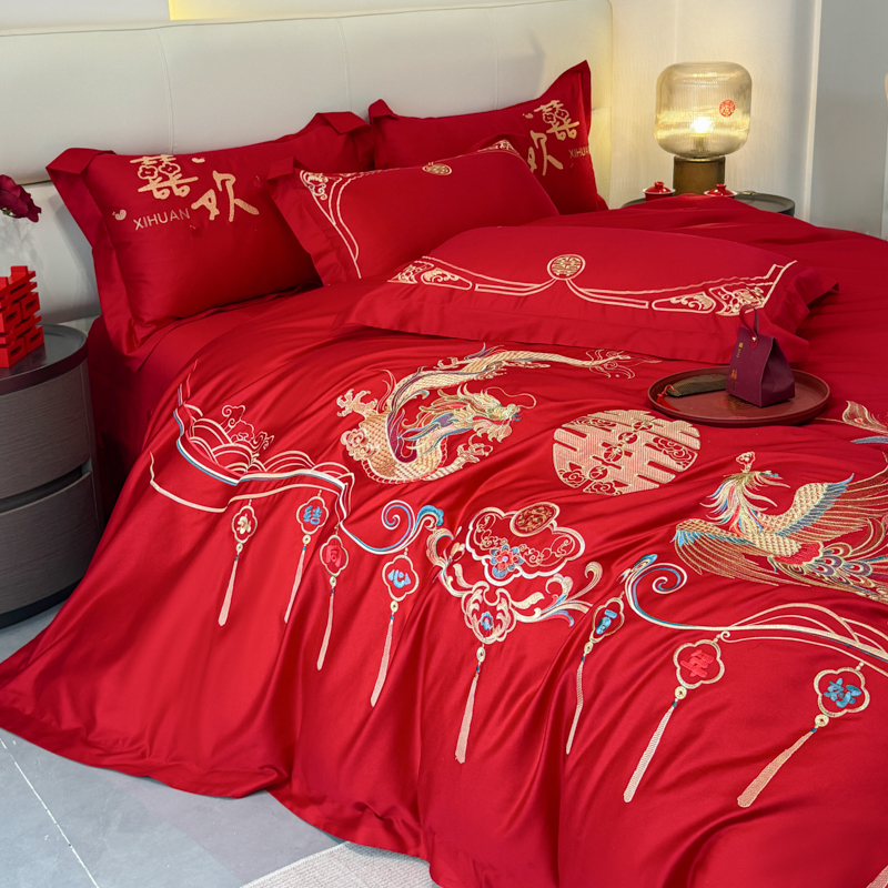 红色结婚四件套龙凤刺绣被套新中式婚庆床上用品陪嫁婚房床品床单