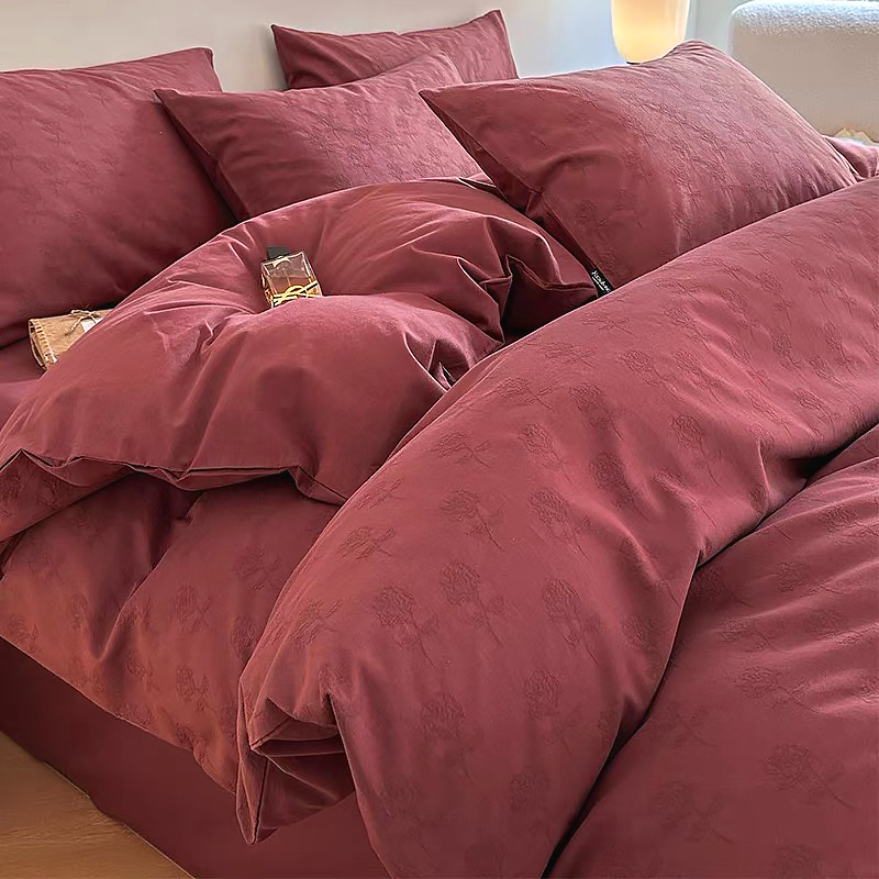 A类纯棉结婚四件套酒红色被套喜