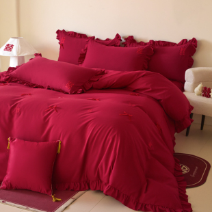 新中式 双喜刺绣结婚四件套全棉纯棉喜嫁蝴蝶结红色新婚庆被套床品