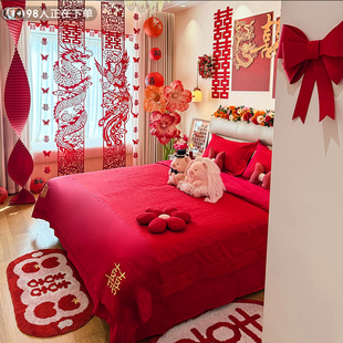 2026新款结婚四件套大红色玫瑰提花被套婚庆床上用品喜嫁被罩床单