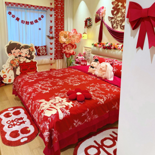 新中式 大双喜结婚四件套红色被罩印花婚庆婚房被套床单喜被床笠款