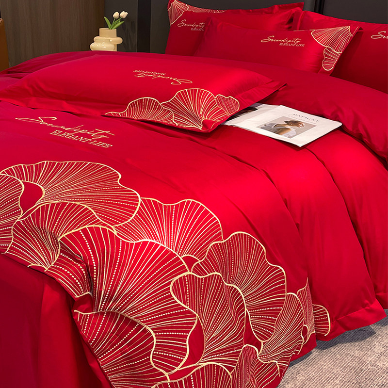 轻奢高级感结婚四件套红色纯棉全棉被套床单婚庆床上用品床笠陪嫁