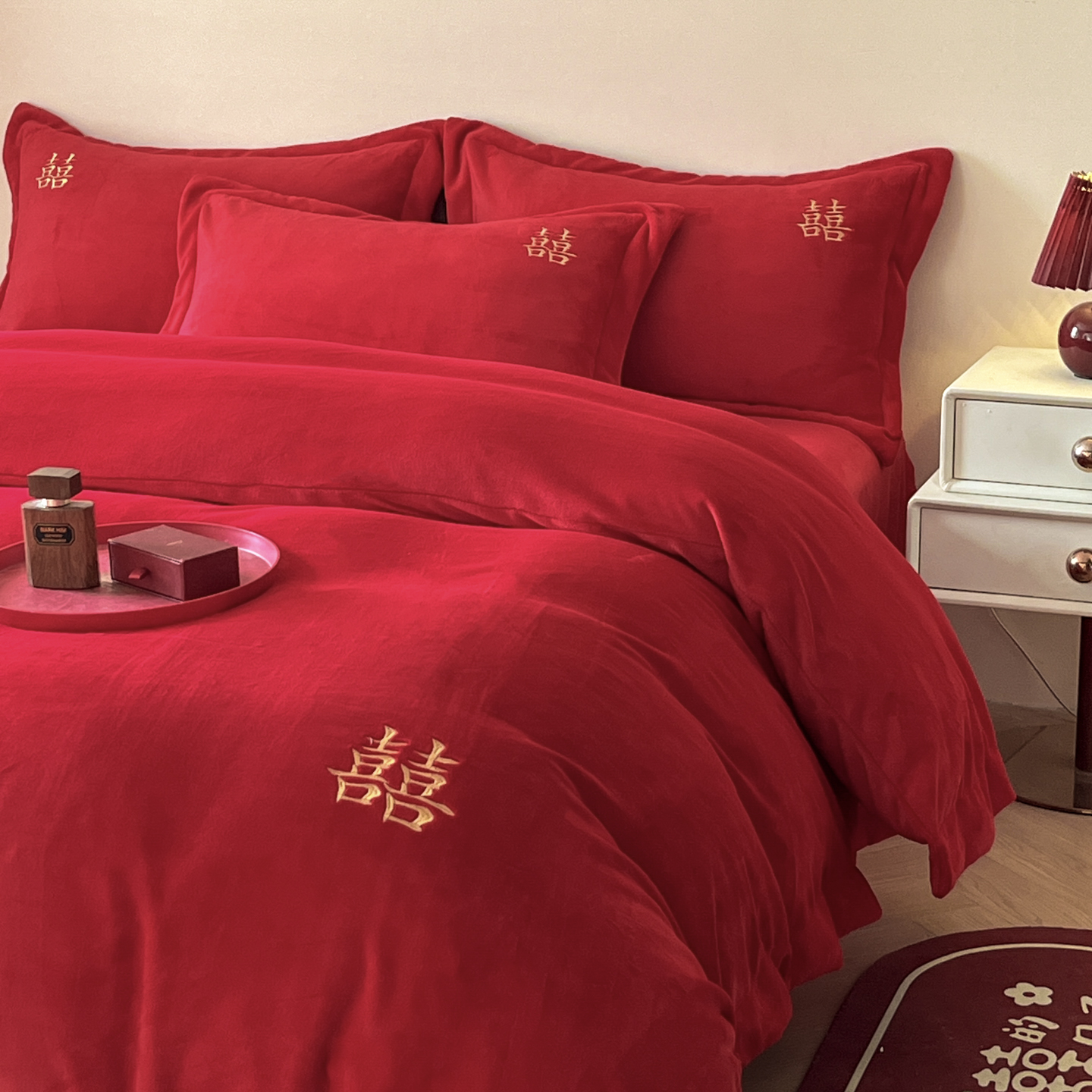 简约冬牛奶绒结婚床上四件套红色