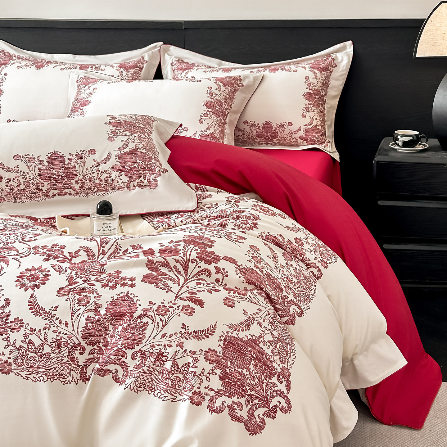 A类全棉结婚四件套新婚庆印花纯棉被套被罩红色婚房床上用品床笠4