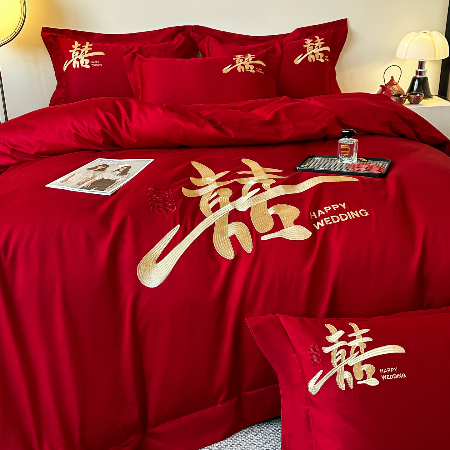 简约新中式结婚四件套红色被套全棉纯棉婚庆床上用品礼盒陪嫁床单,床上用品,婚庆床品套件,淘宝优惠券,粉丝福利购,淘宝优惠卷