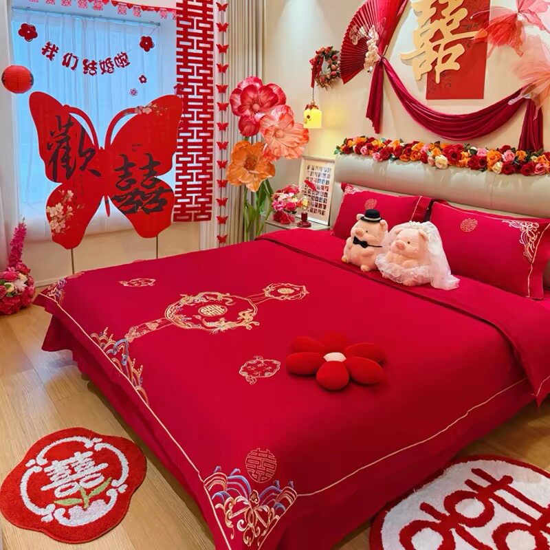 高档全棉结婚四件套红色龙凤床上用品纯棉床单新婚庆被套喜被床笠