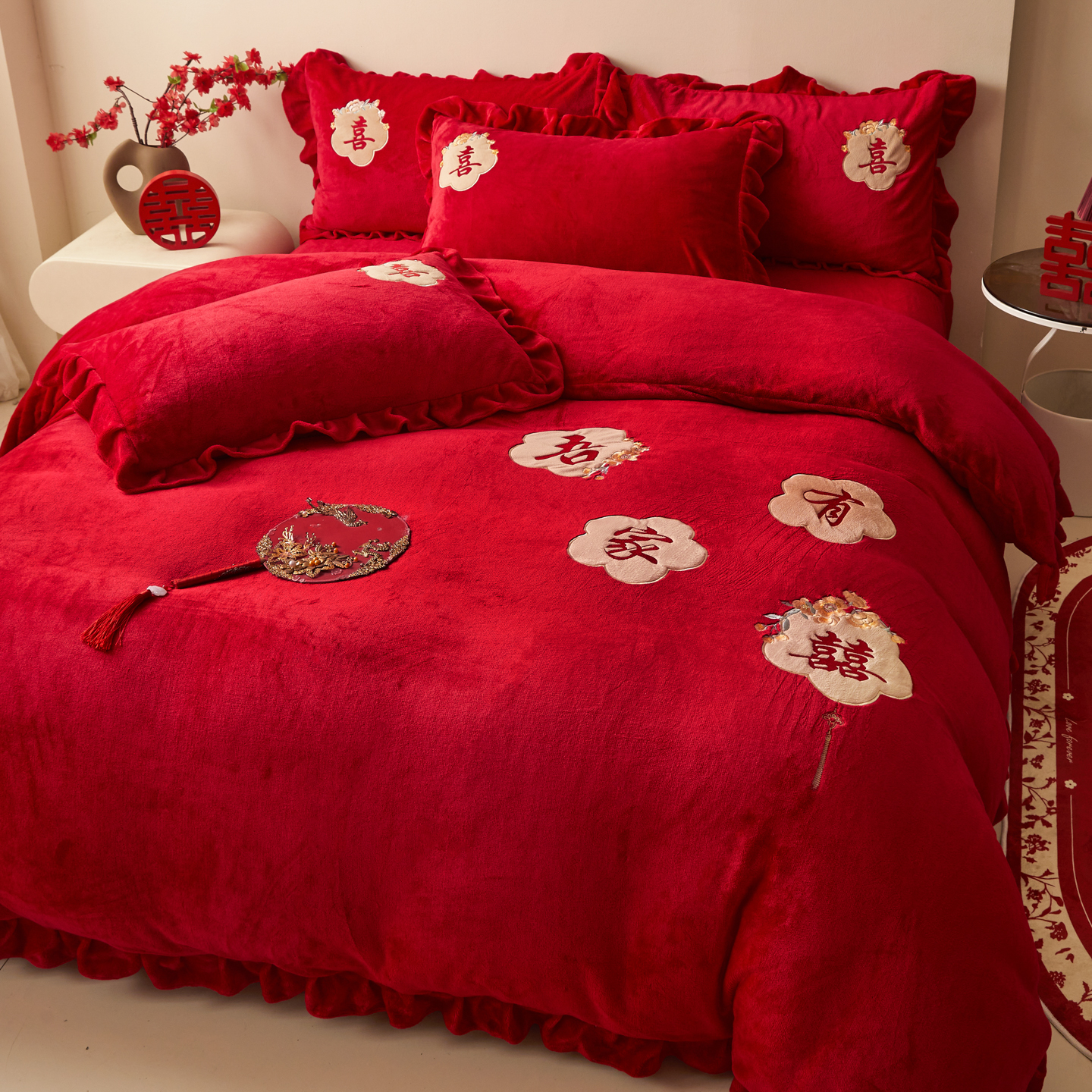 牛奶绒新婚庆陪嫁四件套冬季珊瑚绒红色结婚床上用品陪嫁喜被床单