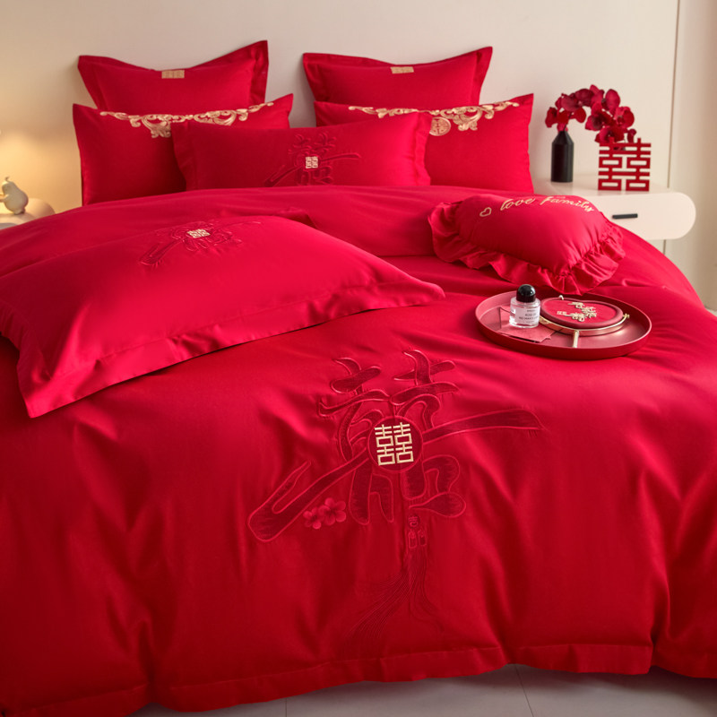 简约高档大红色结婚四件套婚房陪嫁喜被套床单新婚床上用品床笠款