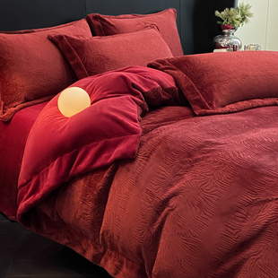 冬季 牛奶绒结婚四件套酒红色加厚珊瑚绒被套陪嫁床单婚庆保暖床品