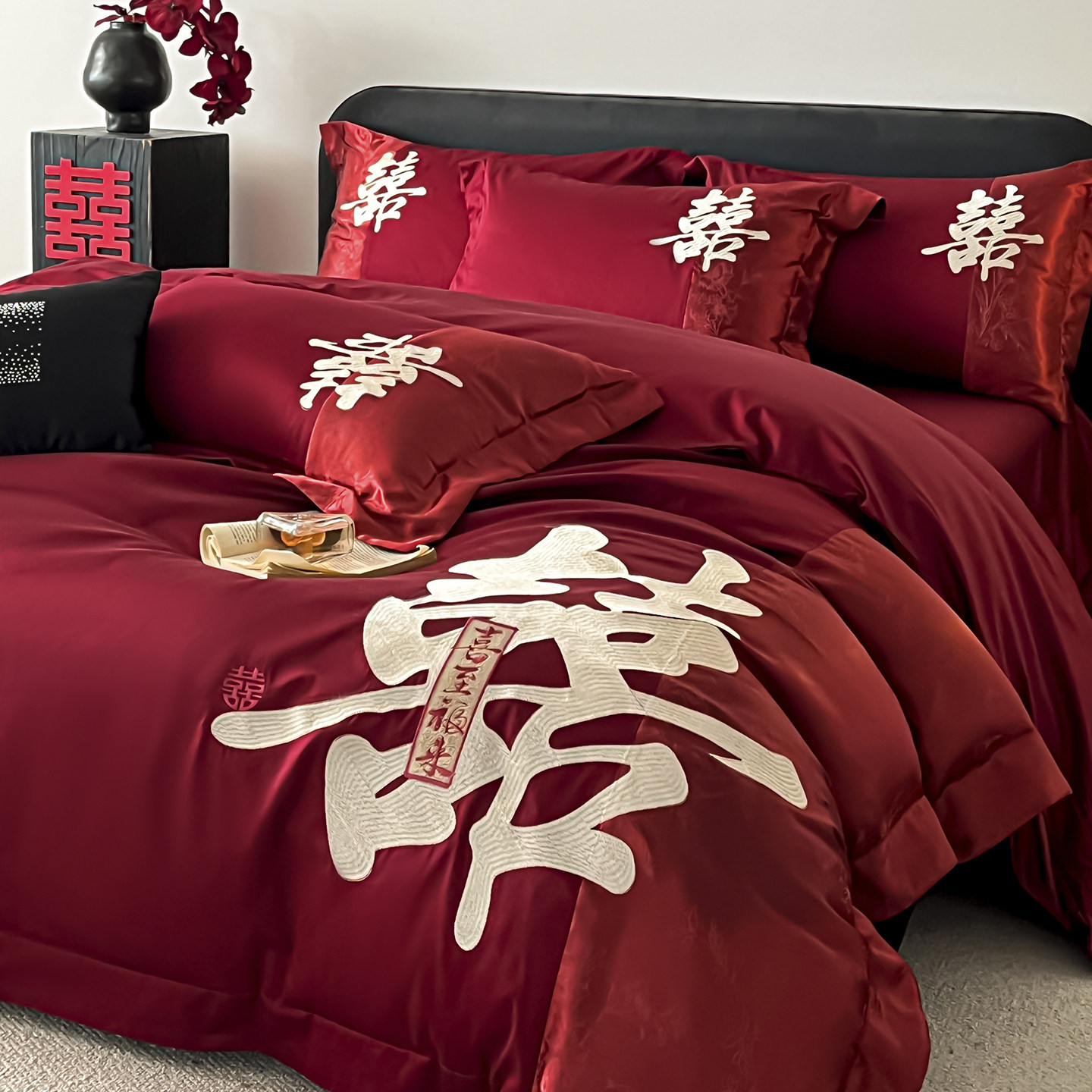 新中式酒红色结婚四件套全棉纯棉被套新婚庆床上用品婚房喜被床笠,床上用品,婚庆床品套件,淘宝优惠券,粉丝福利购,淘宝优惠卷