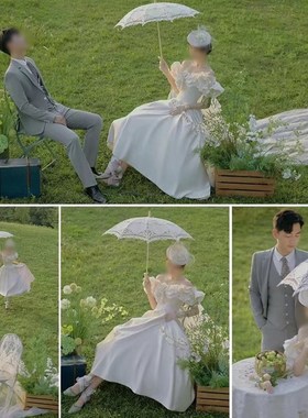 速发浪漫法式田园婚纱影摄道具外景旅拍桌丝伞复古油画铁蕾椅葡萄