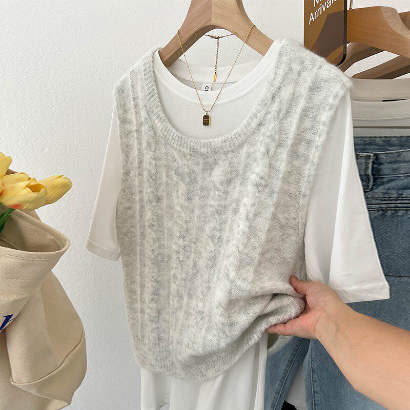 速发浅松秋圆领麻花针织马甲早色韩系宽灰叠穿外搭毛衣背心无袖上