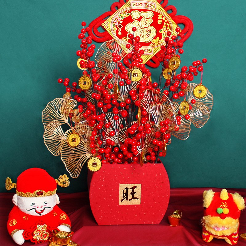 速发中国风福桶春节红果银杏叶插花桶盒装节日花束包长花盒