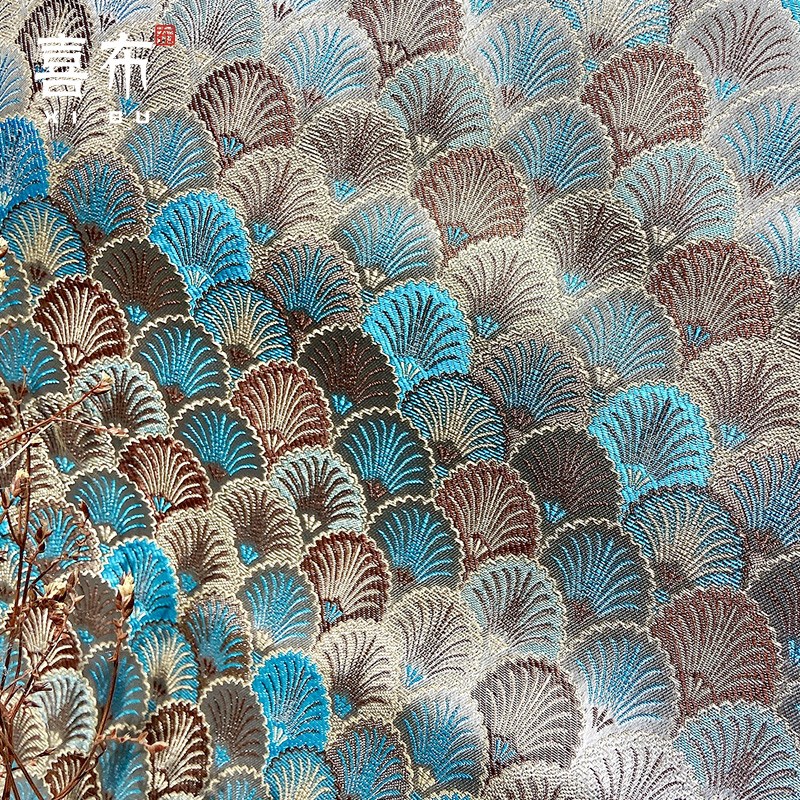 速发金 织锦缎缎面料口新包提花桌布贝垫布艺坐垫茶壳海洋淡蓝布