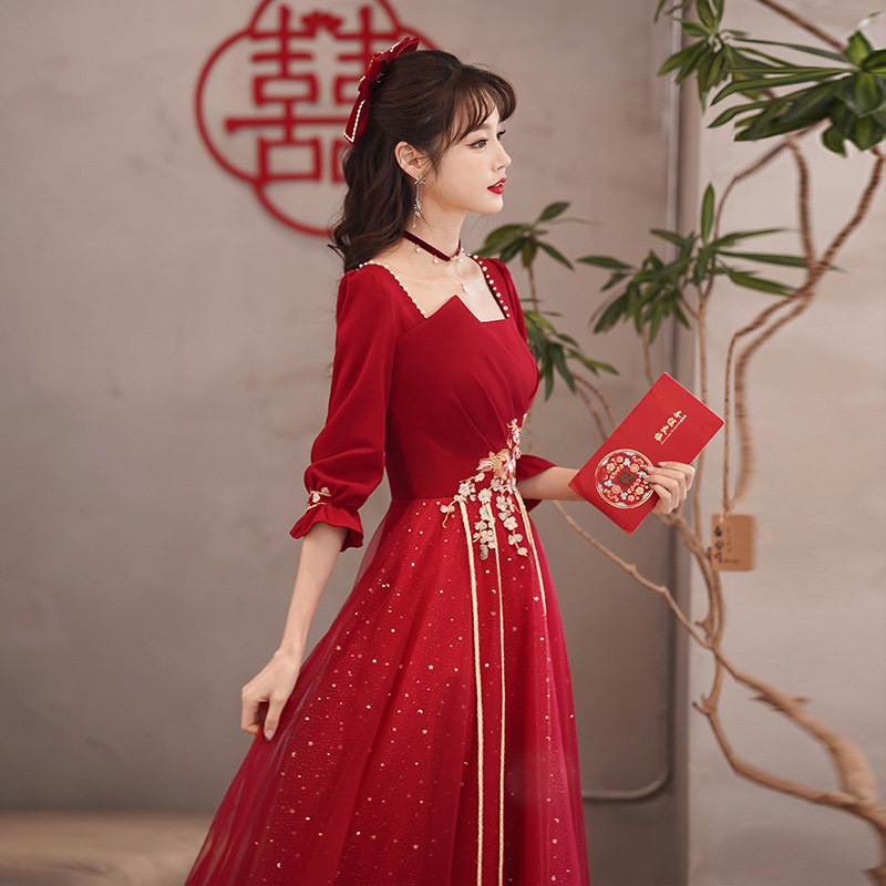 速发新娘酒红色敬酒服长袖2022晚款夏季年会宴婚订婚新礼服结会气