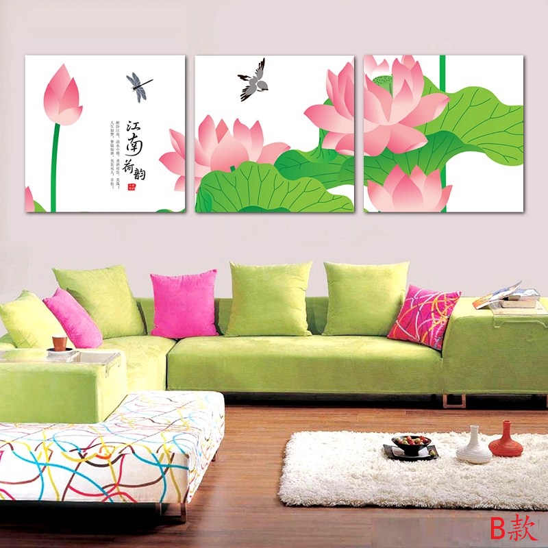 速发荷花鲤鱼九鱼图客厅装饰挂画卧室无框画三联国画壁画墙画图片