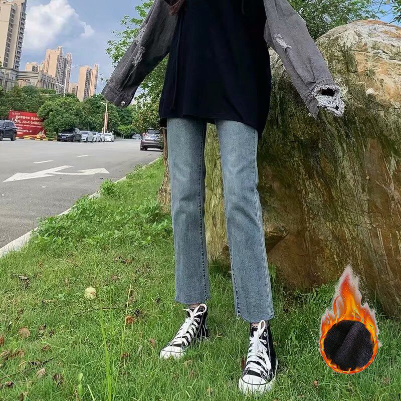 速发腰九分小个子加绒浅蓝色牛仔裤冬季新管高八宽松直筒烟款裤