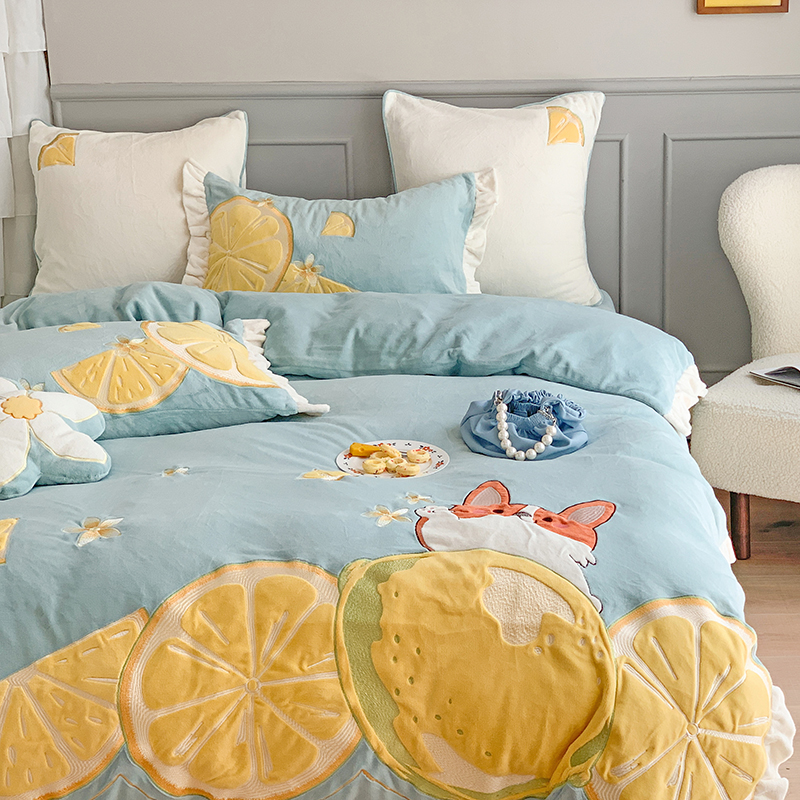 速发可爱少柠檬牛冬绒四件套珊季奶瑚绒宝宝绒儿童加绒