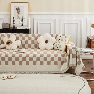 速发棋盘大格子雪约尔沙发巾简尼轻奢能套盖大方块沙发罩布