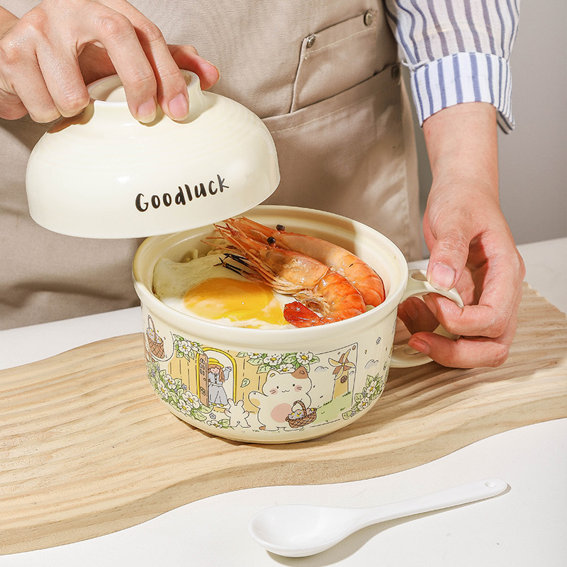 速发泡面碗学生用宿舍带盖陶瓷碗个人饭盒食堂打饭面碗筷套装