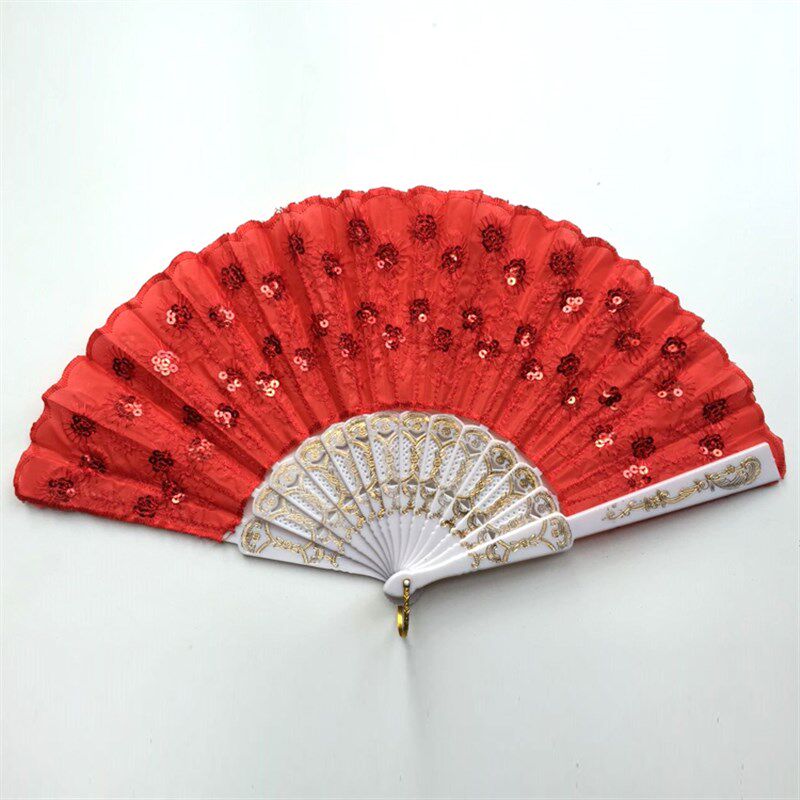 速发舞蹈西班牙蕾丝芭蕾折扇子士新品印花边古典咏春扇绿黄蓝深蓝