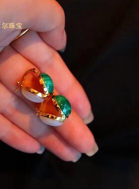 2024年孔雀石白母贝双面设计耳扣女新款高级感复古耳环温柔气质