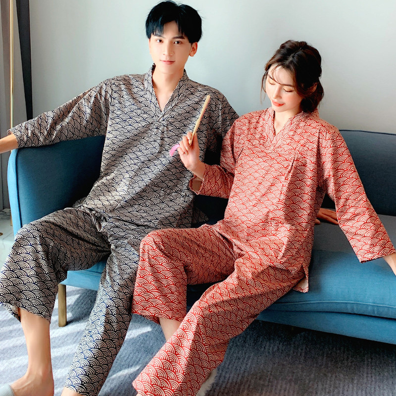 2021新款日本日式长款长裤长袖男女儿童家居服汗蒸浴服亲子睡衣棉