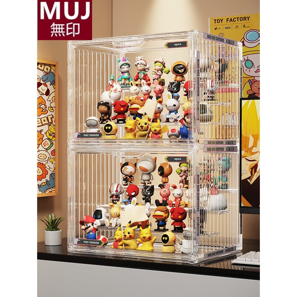 日本MUJIE盲盒收纳展示架手办泡泡玛特亚克力展示柜透明防尘阶梯