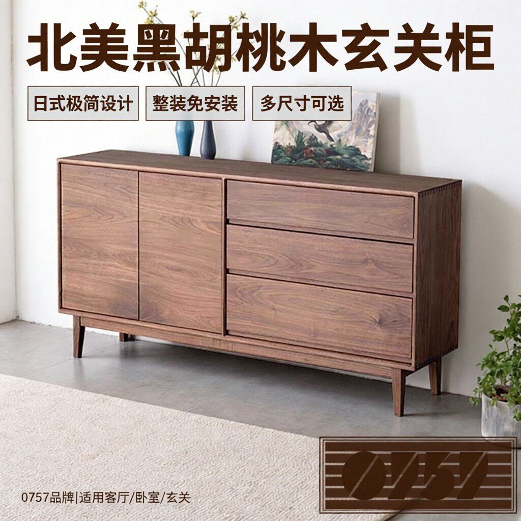 北美实木玄关柜 双门斗柜 黑胡桃木/胡桃色松木餐边柜收纳物柜