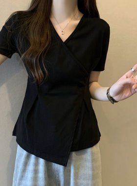大码女装遮肚子不规则正肩短袖T恤女夏季胖妹妹收腰显瘦别致上衣