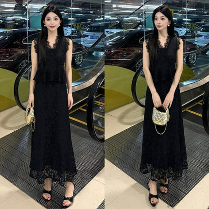 夏日绝美漂亮套装高级感巨好看轻熟风蕾丝无袖上衣半身裙两件套