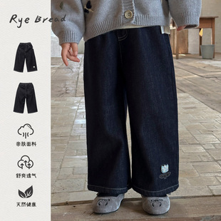 ryebread/黑面包童装 韩系女小童宽松舒适刺绣点缀加绒牛仔裤 5冬