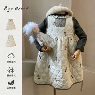 ryebread/黑面包童装 韩系女小童刺绣设计拼接款保暖背心裙 5冬