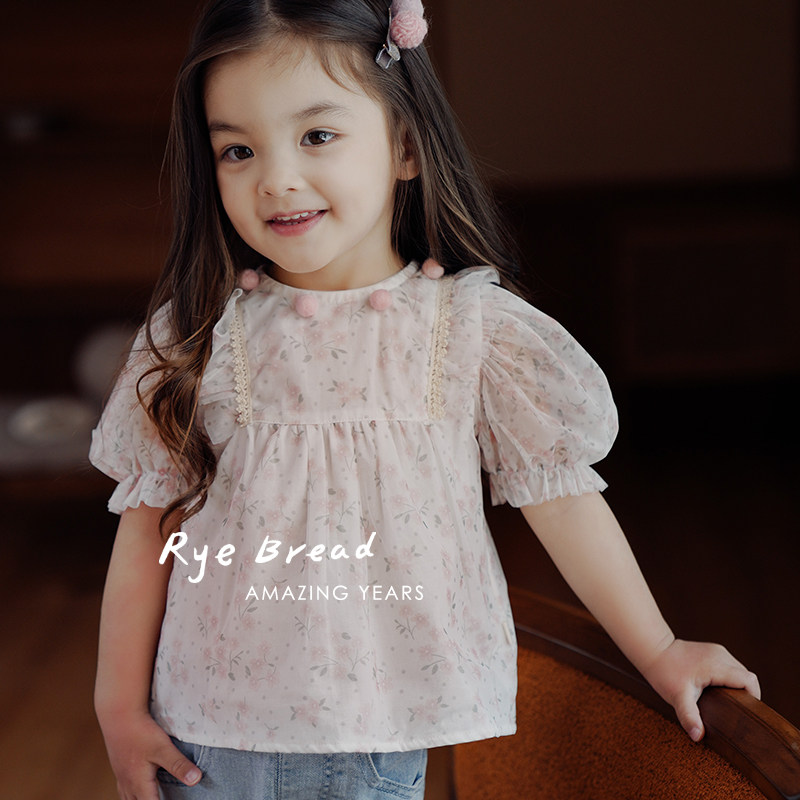 黑面包童装 韩系碎花网纱拼接女童手工球球轻薄娃娃衫M1G夏季