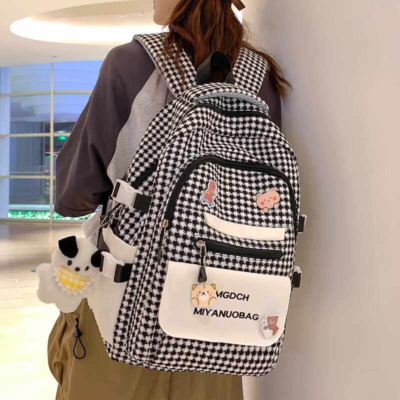 法国Fad Karan书包女小学生大容量初中生高中生韩版千鸟纹双肩包